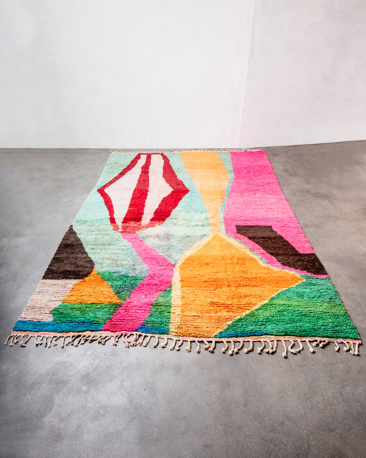 Modern, designer, handcrafted Berber rug from Morocco. Vintage carpet with beautiful colours and patterns and fluffy texture.